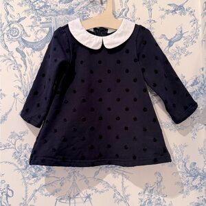 Jacadi Dress Peter Pan Scalloped Collar Navy Polka Dots 6 Months Like New